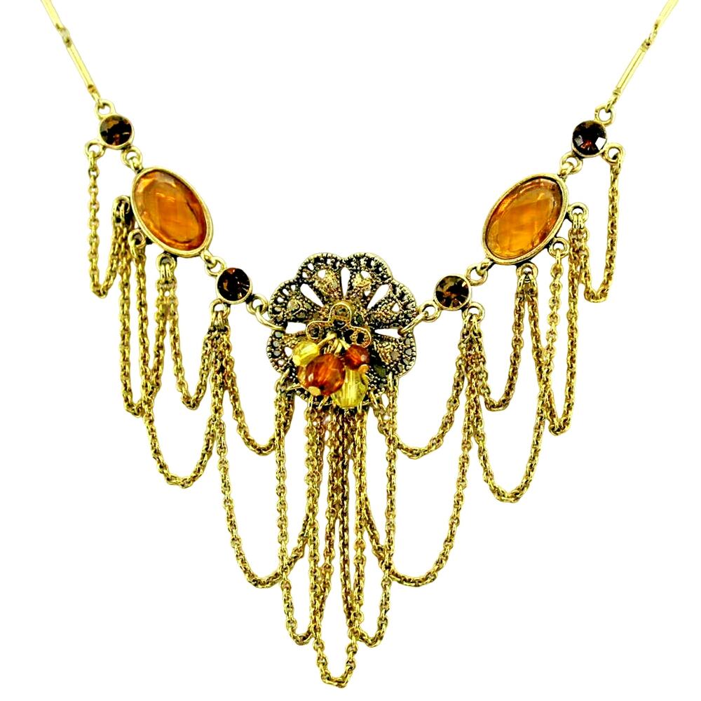 Victorian Style Necklace Ambertone Beads Rhinestones Goldtone Chains Filigree